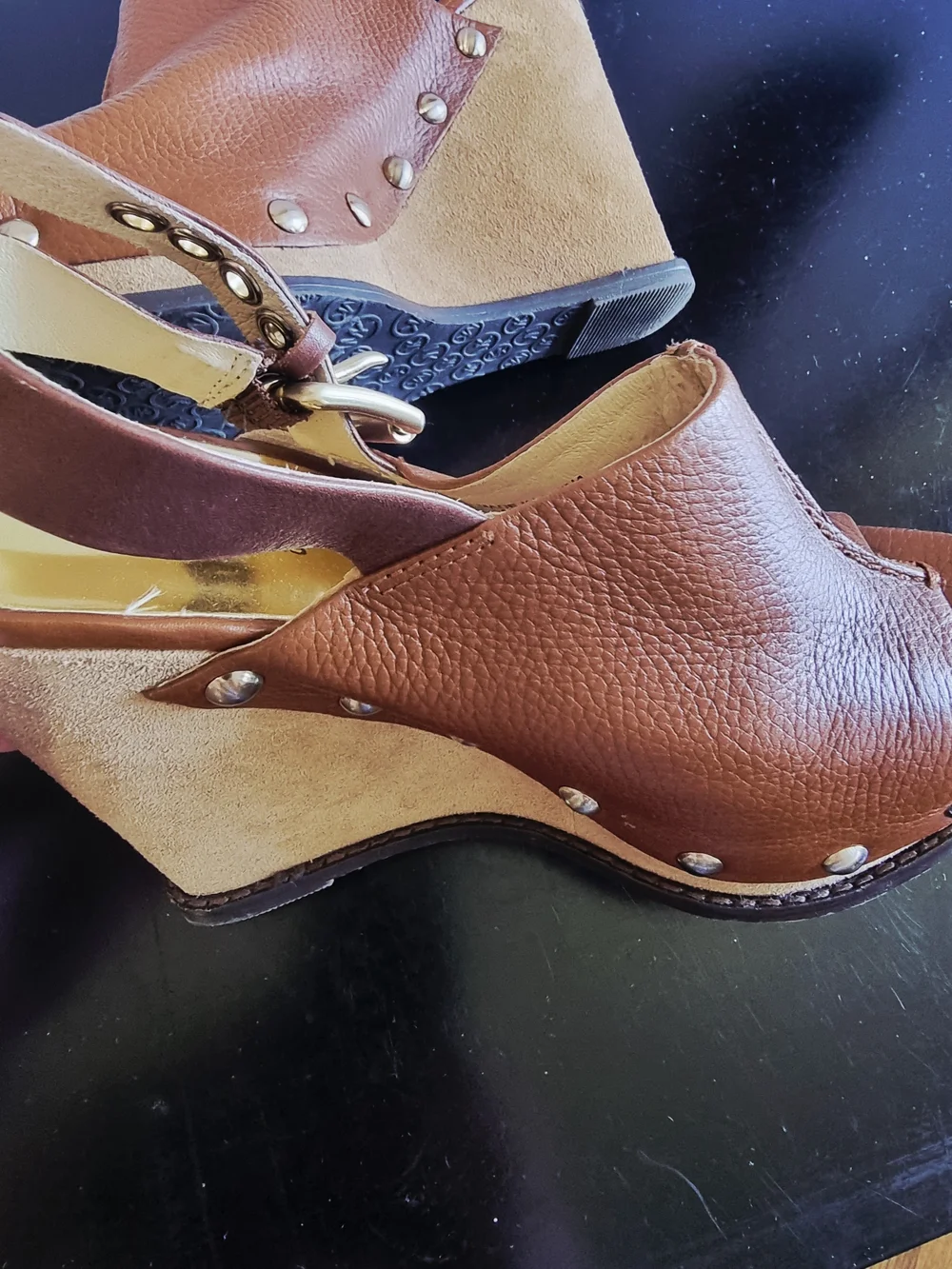 Michael Kors Brown Leather and Suede Wedge Sandals with Stud Accents